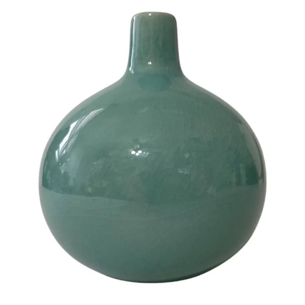 Crate & Barrel Bud‎ Vase Perry Aqua Round Ball Ikebana Coastal Beach House Farm.